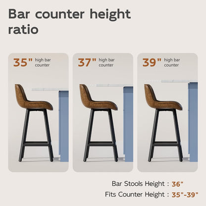 26" Brown Counter Height Bar Stools Set of 4, for Kitchen Island | Curved Seat with Back, Diamond Quilted Vintage Leather, 350lbs Stable Metal legs with Footrest & Anti-slip Mat, Easy Assembly