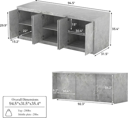 Homsee 94.5-Inch Large Kitchen Island with Storage, 6-Door Home Bar Table Kitchen Station with Seating, Wood Stationary Island Table Breakfast Counter for Dining Room, Grey with Marble Veneer