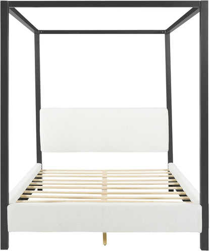 LUMISOL Queen Size Metal Canopy Bed with Upholstered Headboard, Modern Black Four Poster Bed Frame, Heavy Duty Canopy Platform Bedframe with Wood Slat Support & White Boucle Upholstery Fabric