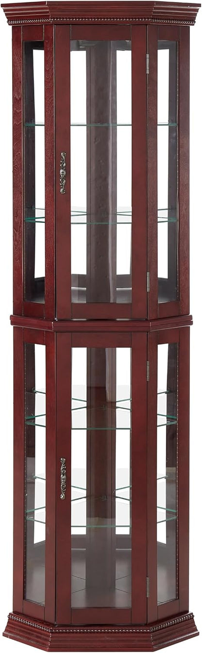 Lighted Corner Curio Cabinet, 69.75" Tall Corner Display Cabinet with Adjustable Tempered Glass Shelves, Mirrored Back, Lockable Door, Cherry Finish for Collectibles & China