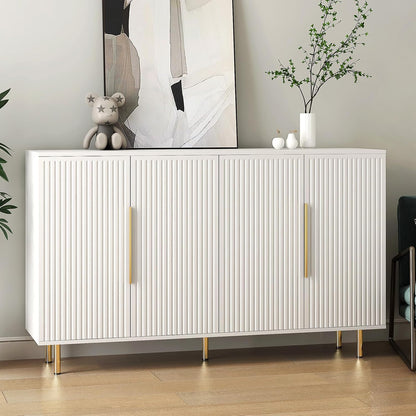 Sideboard Cabinet, 56" Large Buffet with Storage, Wood Credenza with 4 Fluted Doors and Adjustable Shelves, for Living Room, Kitchen, Entryway, White