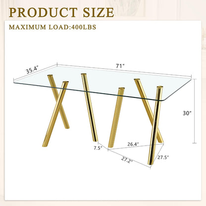 71" Glass Gold Dining Table for 6-8, Modern Dining Room Table with 0.39" Tempered Glass Top and 6 Metal Round Tube Legs, Rectangle Kitchen Dinner Table for Dining Room