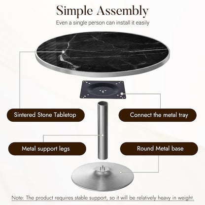 31.5" Tulip Table, Small Round Dining Table with 1.2" Thick Sintered Stone Tabletop and Silver Metal Pedestal Base, Bistro Table for Diner, Restaurant, Café, Bakery, Apartment (Marble Black Silver)