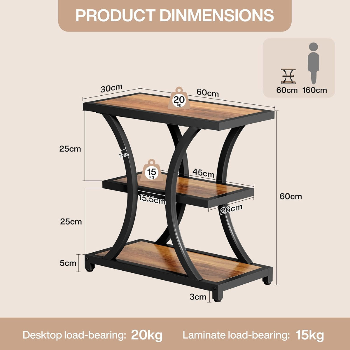 Tribesigns End Table with Storage, 3-Tier Side Table with Geometric Metal Design, Industrial Nightstand for Small Spaces, Living Room, Bedroom, Study Room (Rustic Brown)