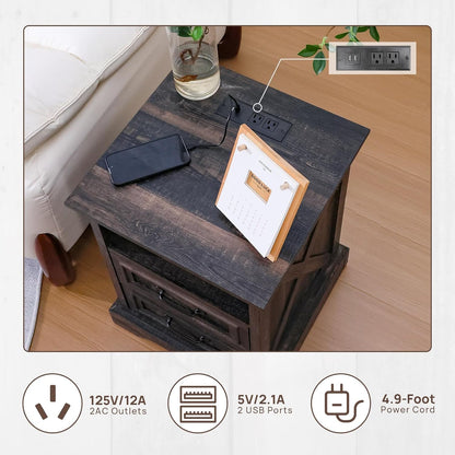 ALBAD Farmhouse Nightstand with Charging Station Rustic Bedside Table with 2 Drawers and Cubby Storage End Table with Metal Handle for Bedroom Office, Walut Brown