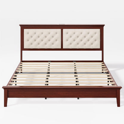 Lifezone Solid Wood King Bed Frame 46” Tall Diamond-Tufted Upholstered Headboard, American Classic Flat-Top Bed, Stable Structure, Wood Slats Support, Noise-Free, No Box Spring Needed,Reddish Brown