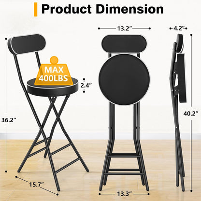 Folding Stool with Back Support, 24 Inch Portable Collapsible Bar Stool | with Padded Seat, Cushioned Foldable Chair for Kitchen, Camping, Adults & Indoor Outdoor Use