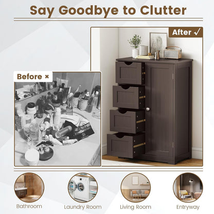 GLACER Bathroom Floor Cabinet, Multifunctional Storage Cabinet (Brown) | Wooden Side Storage Organizer | 4 Drawers & 1 Door | For Laundry Room, Living Room or Kitchen