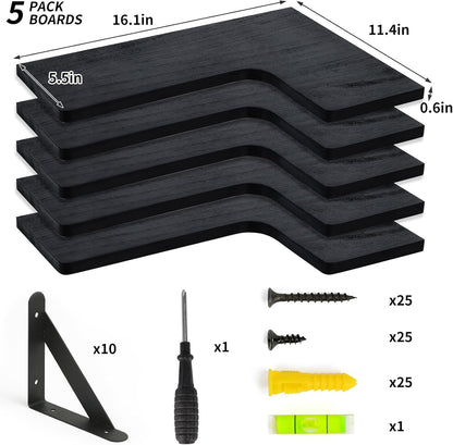 Fixwal Corner Shelves Wall Mounted Set of 5, Floating Shelves for Wall Bathroom, Kitchen, Bedroom, Home Decor, Laundry Room, Living Room (Black)