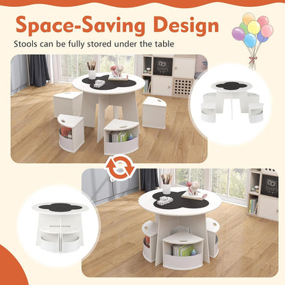HONEY JOY White Kids Table and Chair Set, Children Activity Play Table with 4 Storage Stools for Art Craft, Nesting Design Toddler Table and Chair Set for Playroom, Daycare, Gift for Boys Girls