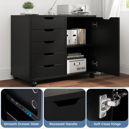 DUMOS 5-Drawer Mobile File Cabinet, Wooden Printer Stand with Storage | Under Desk Cabinets with Adjustable Shelf & Wheels for Home Office Organizer Storage Craft Room, Black