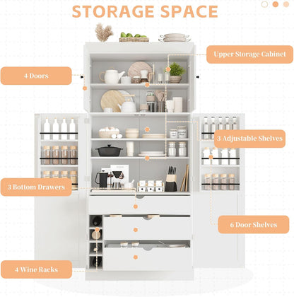 77'' Tall Freestanding Kitchen Pantry Cabinet, 35"L x 17.7"W Modern Shaker Style Cupboard with Adjustable Shelves, Wine Racks, Power Outlet & USB Ports, Anti-Tip Design, Easy Assembly (White)