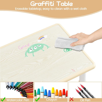 OUTLANE Kids Table and 6 Chairs Set, 47.2"X23.6" Activity Table with Anti-Slip Pads, Wooden Toddler Table and Chair Set with Storage Box, Art Craft Desk for Home Classroom Daycare, 12 Color Pens