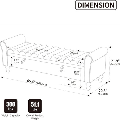 65" Bench with Storage, End of Bed Bench with Rolled Arms, Upholstered Bedroom Bench with Storages, Storage Ottoman Bench for Bedroom, Living Room, Entryway, Hallway, Dormitory, Foot Rest, Charcoal