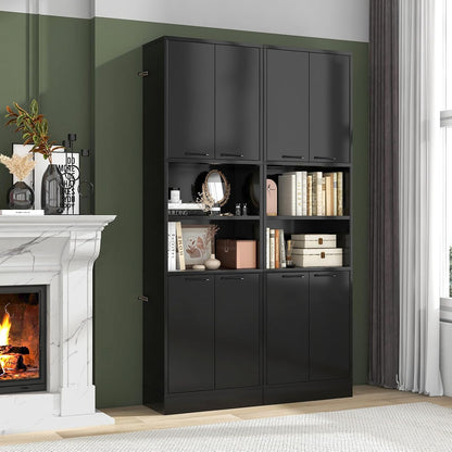 Kitchen Pantry Cabinet, Dining Room Cupboard with 4 Doors & 2 Open Countertop, 4 Anti-Tipping Devices, 75”Tall Bathroom Cabinets (Black)