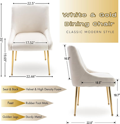 Hyfirm Modern White Dining Room Chairs Set of 2, Upholstered Velvet Dining Chair with Gold Metal Legs Accent Side Chairs for Living Room Kitchen