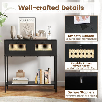 GOFLAME Rattan Console Table, Boho Entryway Table with 2 Drawers & Open Storage Shelf, Narrow Long Sofa Table with Metal Legs, Foyer Table Behind Couch Table for Living Room, Hallway, Black