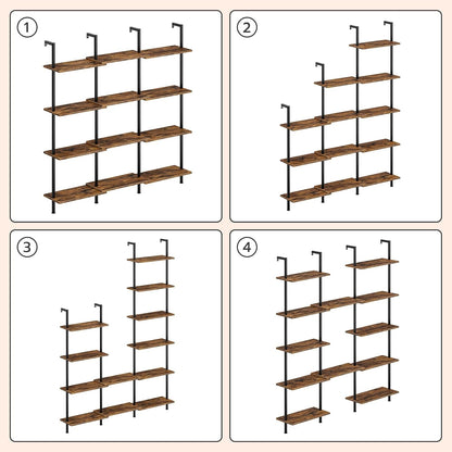 HOOBRO DIY Ladder Shelf, 6-Tier Wooden Wall Mounted Bookshelf, Narrow Bookcase, Display Shelf, Storage Rack, Plant Stand, for Living Room, Bedroom, Study, Balcony, Rustic Brown and Black BF651CJ01