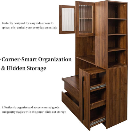 Tall Kitchen Hutch Cabinet with Pull-out Shelves, Storage Drawers, Glass Doors Freestanding Cable Management Pantry Large Kitchen Cupboard for Dining Room with Microwave Countertop Walnut Finish