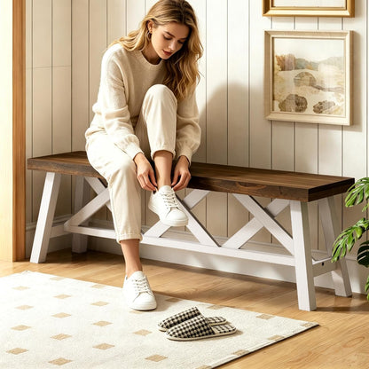 Wnutrees 54" Farmhouse Wood Bench, Rustic Solid Wood Entryway Bench Seat with Double X-Structure for Dining Area Living Room Hallway, Structural Stability, White