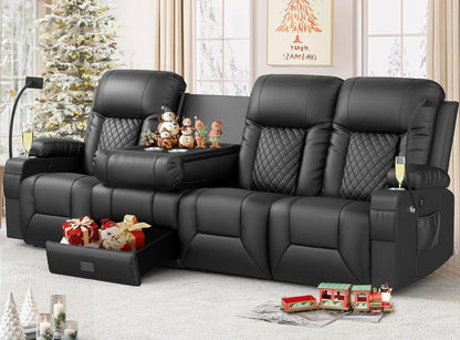FURNIMAT Recliner Sofa, Modern Dual Reclining Sofa with Flip Back Console, 4 Seater PU Leather Recliner Couch for Living Room/RV, with Storage Drawer, USB Ports, Cup Holder, Cell Phone Holder, Black