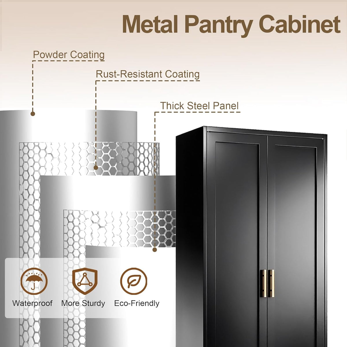 71" Tall Kitchen Pantry Cabinet, Metal Kitchen Pantry Storage Cabinet with Doors and 4 Adjustable Shelves, Freestanding Pantry Cupboard for Living, Dining Room, Black