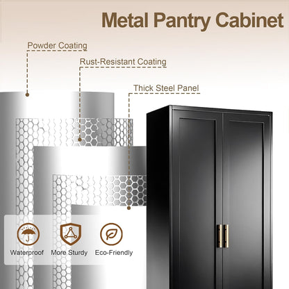 71" Tall Kitchen Pantry Cabinet, Metal Kitchen Pantry Storage Cabinet with Doors and 4 Adjustable Shelves, Freestanding Pantry Cupboard for Living, Dining Room, Black