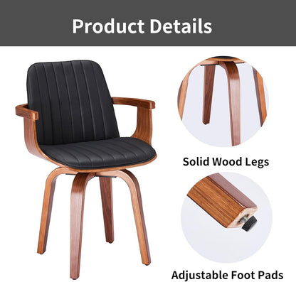 VipDesk Dining Chairs Set of 2 - Mid Century Modern Swivel Kitchen Chairs for Dining Room, Upholstered PU Leather Chairs with Wooden Arms and Legs, Black