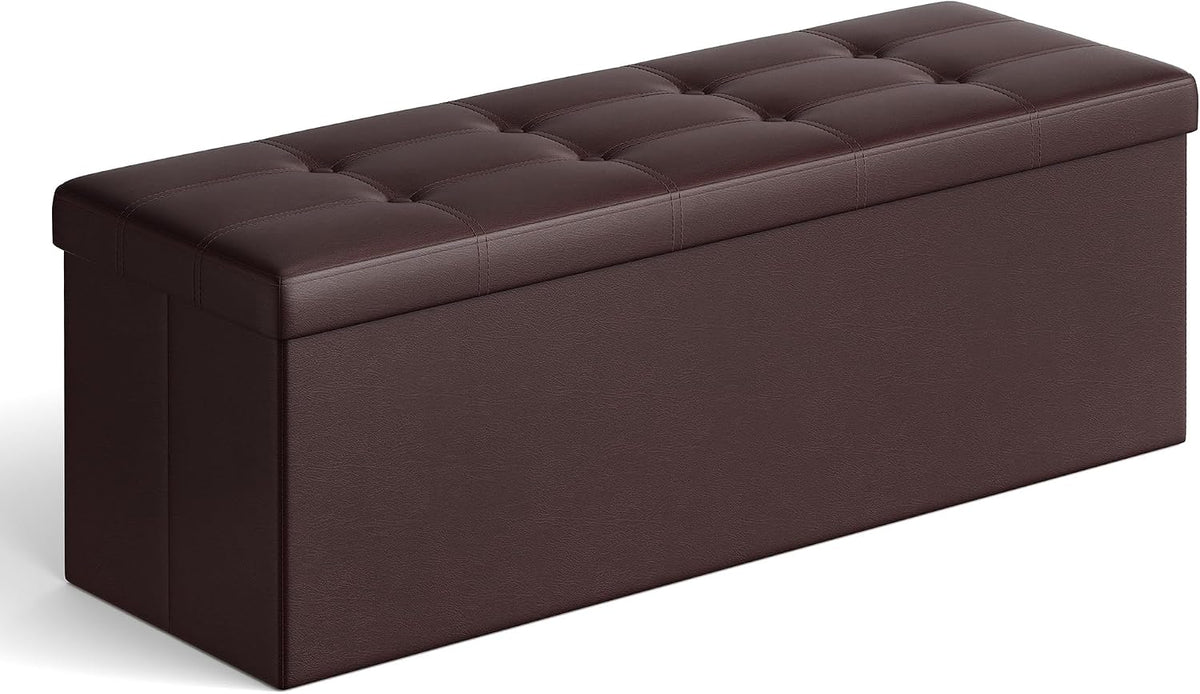 SONGMICS Storage Ottoman Bench, 43.3 Inches Folding Foot Rest Stool | PU Leather, Easy Assembly, for Living Room, Bedroom, Entryway, Rustic Walnut and Ink Black, MINOTA Collection ULSF703