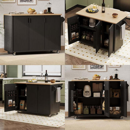 Kitchen Island Cart with Drop Leaf with Storage and Dining Table, Kitchen Island with Wheels Towel Rack， for Kitchen, Dining Room, Black