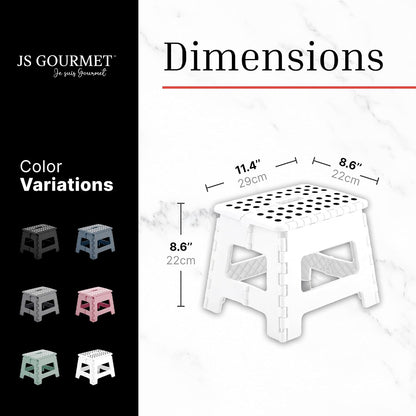 JS Gourmet Folding Step Stool - Set of 2, Sturdy Plastic Stool 9-inch | Lightweight Non Slip, Holds Up to 300 lbs, Collapsible Stool for Kitchen, Bathroom, Garden, & Camping Use - White