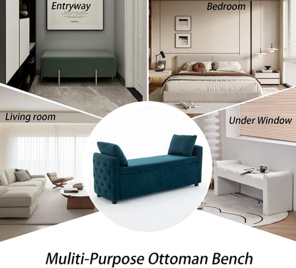 Storage Bench for Bedroom, 60" End of Bed Bench for King Size Bed,Tufted Bench Modern Upholstered Long Ottoman Bench with Arm (Teal, Velvet-60 Wide)