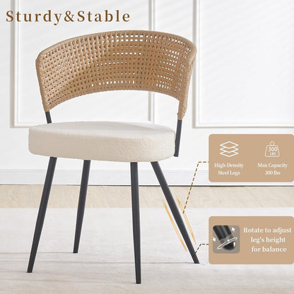 Rattan Dining Chairs Set of 4, Wing Back Dining Chairs Set of 4, PE Wicker Chairs, Cane Back Kitchen Chair with Boucle Cushion,Boucle Seat with Metal Legs for Kitchen, Bedroom