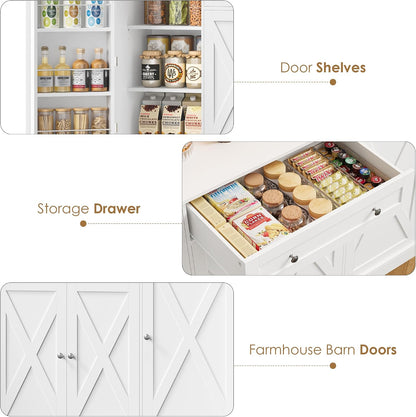 HIFIT 72.8”Hx55”W Pantry Cabinet with LED & Charging Station, Kitchen Hutch | Farmhouse Coffee Bar Cabinet with Storage Drawer, Large Countertop, Swing-Out Door, Hutch Cabinet with Storage, White
