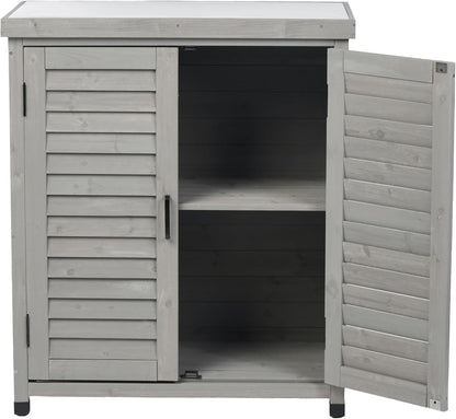32" Solid Wood Storage Cabinet, Sideboard Cabinets with Metal Table Top, Living Room Organizer with Louvered Ventilation for Outdoor Patios, Grey