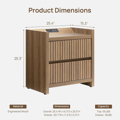 SICOTAS Night Stand Set 2 with Charging Station, Fluted Nightstands | Large Modern Nightstand with 2 Drawers for Bedroom, 25.4" Wide Bedside Table End Side Table for Sofa Side, Caramel Oak