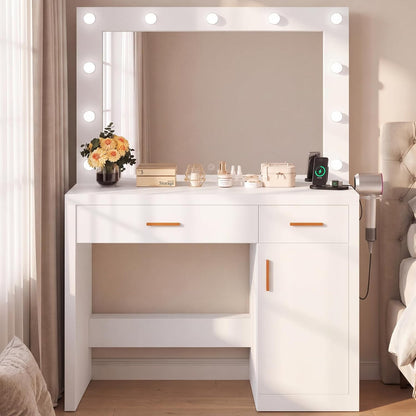 DUMOS Makeup Vanity Desk with Mirror and Lights, Charging Station | 11 LED Bulbs, Dressing Table, Large Cabinet, 2 Drawers, USB-C Power Outlet, 3 Color Adjustable Lighting, White