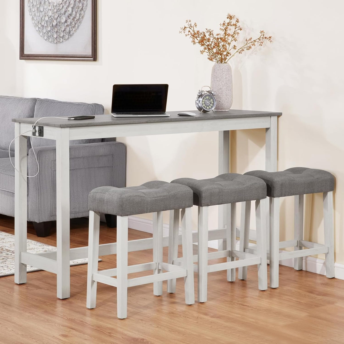 59'' Dining Bar Table and Chairs Set with Power Outlet, 4-Piece Industrial Breakfast Table Set with 3 Padded Stools, Wood Console Table Set for Kitchen Living Room Dining Room, White Grey