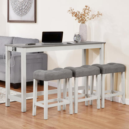 59'' Dining Bar Table and Chairs Set with Power Outlet, 4-Piece Industrial Breakfast Table Set with 3 Padded Stools, Wood Console Table Set for Kitchen Living Room Dining Room, White Grey