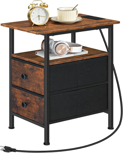 HOOBRO End Table with Charging Station, Narrow Side Table, Nightstand with 2 Non-Woven Drawers, Slim Sofa Side Table, for Small Spaces, Living Room, Bedroom, Rustic Brown and Black BF486UBZ01