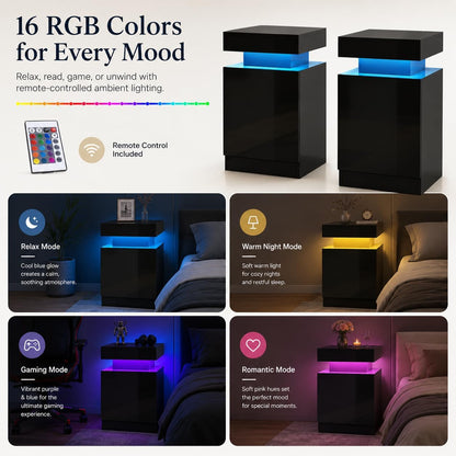 MXV Nightstand Set of 2 with LED Lights, 24in Tall Night Stand with Storage Cabinet for Bedroom, Bedside Table with LED (Black, 17.7" D x 14.37" W)