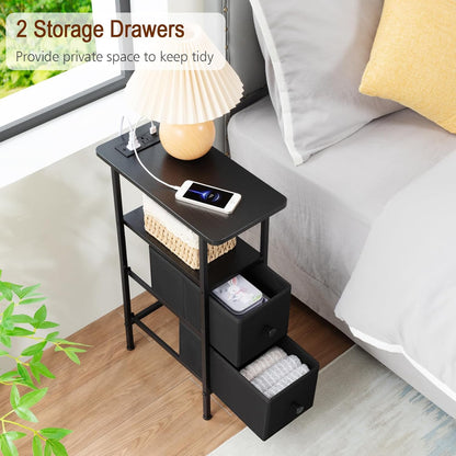 LOAKEKEL Narrow End Table Living Room with Charging Station, Skinny Side Table with Fabric Drawers, Slim Nightstand for Bedroom, Small Spaces, Couch, Black, HETNDP02BK-1
