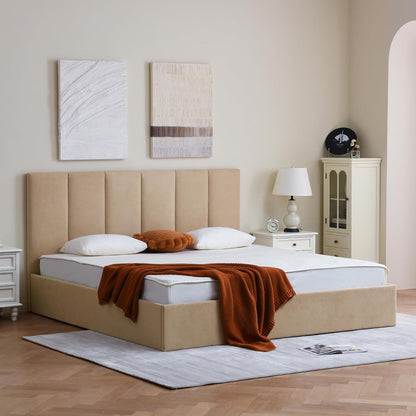 VELOCAVA King Size Upholstered Lift-Up Storage Bed, Beige Linen-Look Fabric Bed Frame with Vertical Panel Headboard, Hydraulic Lift Storage, Wooden Slat Support, No Box Spring Needed