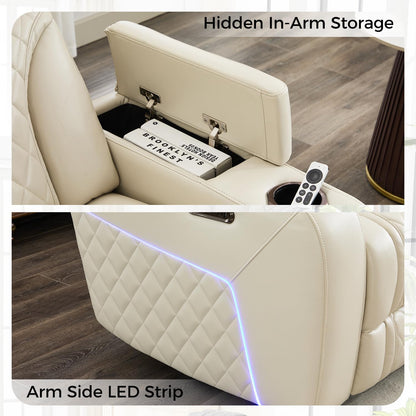 Power Recliner Sofa with Adjustable Headrest, Wireless Charger for Living Room, Electric Reclining Couch with LED Lights, Faux Leather 3 Seaters with Recliner,Home Theater Seating w/ LED Lights,Beige