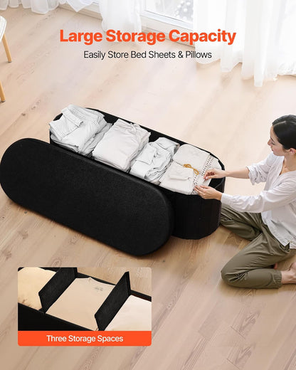 VEVOR Oval Storage Ottoman Bench, Foldable Teddy Fleece End of Bed Bench, Folding Upholstered Bed Ottoman Chest with Large Storage Space, Supports 660 lbs, for Living Room, Bedroom, Entryway, Black