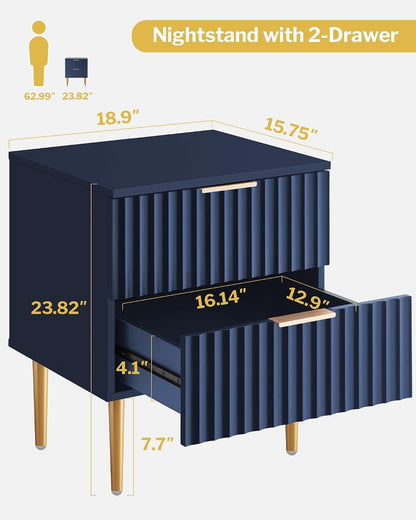 SICOTAS Night Stand Set 2, Fluted Glossy Nightstands Set of 2 with Drawers | Wide Modern Blue Storage Bedside Table for Bedroom, End Side Table with Golden Metal Legs and Handles, 2 Pieces