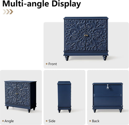 weselon Accent Cabinet with 2 Doors, Luxury Carving Board Storage Sideboard with Adjustable Shelves, Buffet Cabinet Entryway Table for Living Room (Midnight Blue)