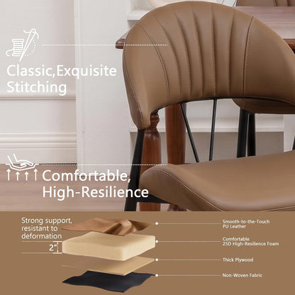 PU Leather Dining Chairs Set of 4, Mid Century Modern Dining Chairs with Stitching, Upholstered Kitchen & Dining Room Chairs with Curved Back and Black Metal Legs (Brown)