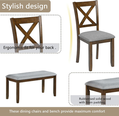 Harper & Bright Designs 6-Piece Dining Table Set with 4 Chairs and Bench, Modern Wood Kitchen Table Set for Dining Room, Breakfast Nook or Small Spaces, Walnut