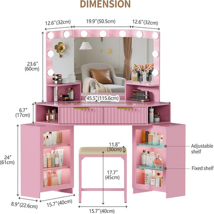 Corner Vanity Desk with LED Mirror, Power Outlet and 3 Light Modes - Pink | SKKTKT Makeup Vanity Set - Storage Drawers, Matching Chair and Corner Design for Bedroom